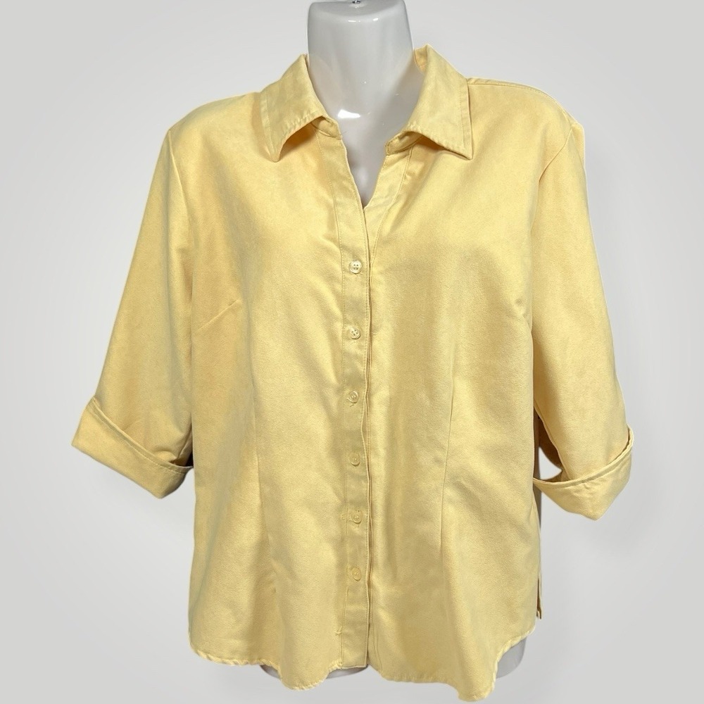 LEMON GRASS STUDIO Butter Yellow Faux Suede Cuff‎ Sleeve Button Front Shirt L